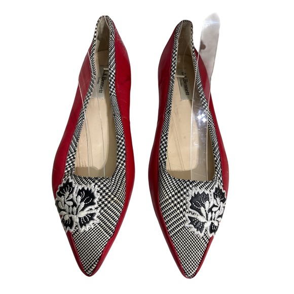L.K. Bennett Shoes - L.K. Bennett Flats Women 37 Pointed Toe Red Houndstooth Floral Embroidery Spain